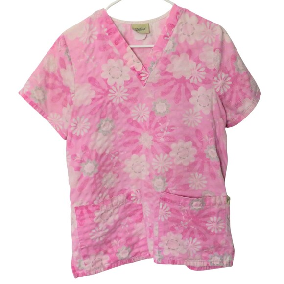 Tafford Scub Top Women Pink Small Floral Pattern & Large Pockets Comfortable Fit - Picture 1 of 9